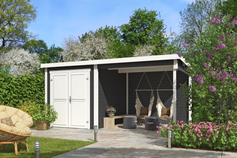 Blokhut met overkapping Finn 450x250 Carbon Grey-Wit