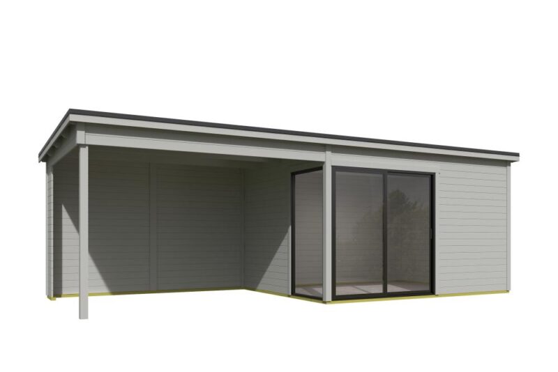 Blokhut met overkapping Olivia 385x295 + Aanbouw Platinum Grey