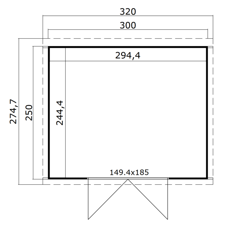 4743329243265-1060153-Outdoor Life Products-Tuinhuis-Blokhut-Lotta 300x250_plattegrond Blokhut Lotta 300x250 Gespoten Platinum Grey