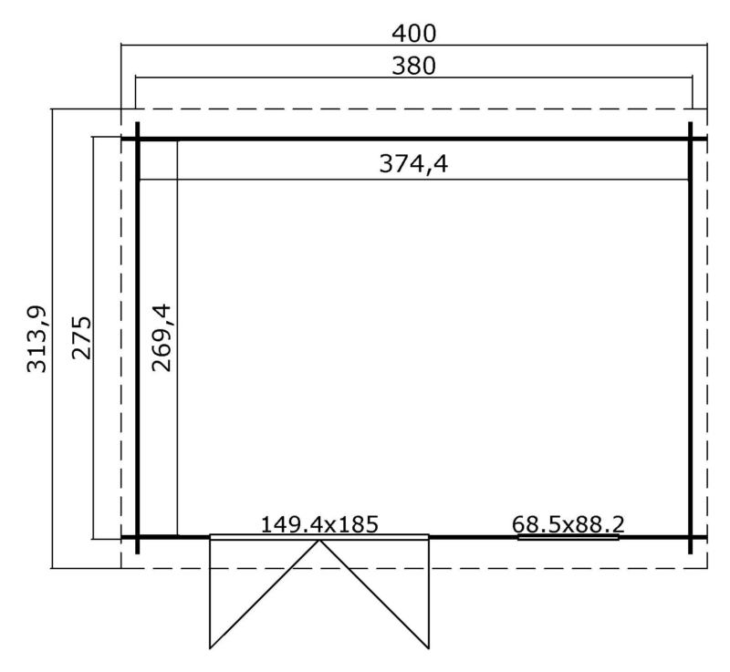8711471104785-1009513-Outdoor Life Products-Tuinhuis-Blokhut-Amira 380x275_Plattegrond Blokhut Amira 380x275 Geïmpregneerd olijfgroen