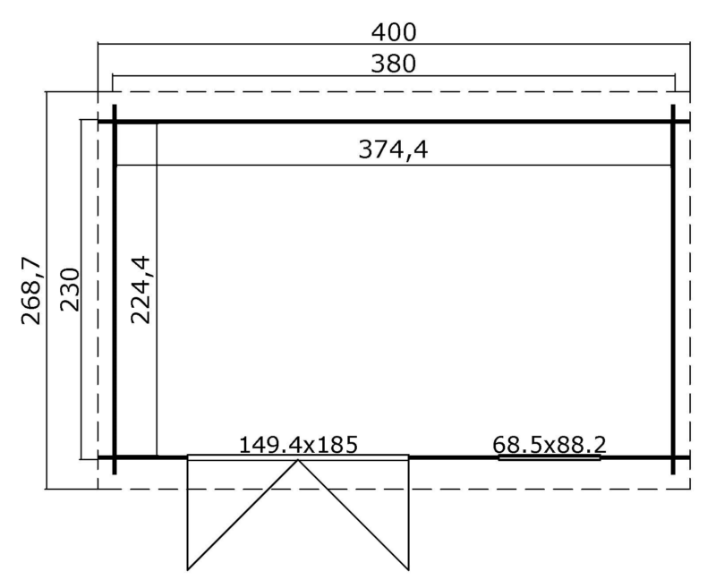 8711471245730-1009512-Outdoor Life Products-Tuinhuis-Blokhut-Amira 380x230_Plattegrond Blokhut Amira 380x230 Onbehandeld vuren