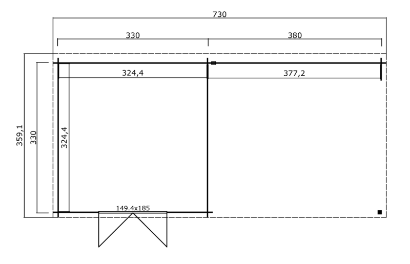 8711471582170-1022564-Outdoor Life Products-Tuinhuis-Blokhut-met Overkapping-Olenka 710x330_Plattegrond Blokhut met overkapping Olenka 710x330 Geïmpregneerd olijfgroen