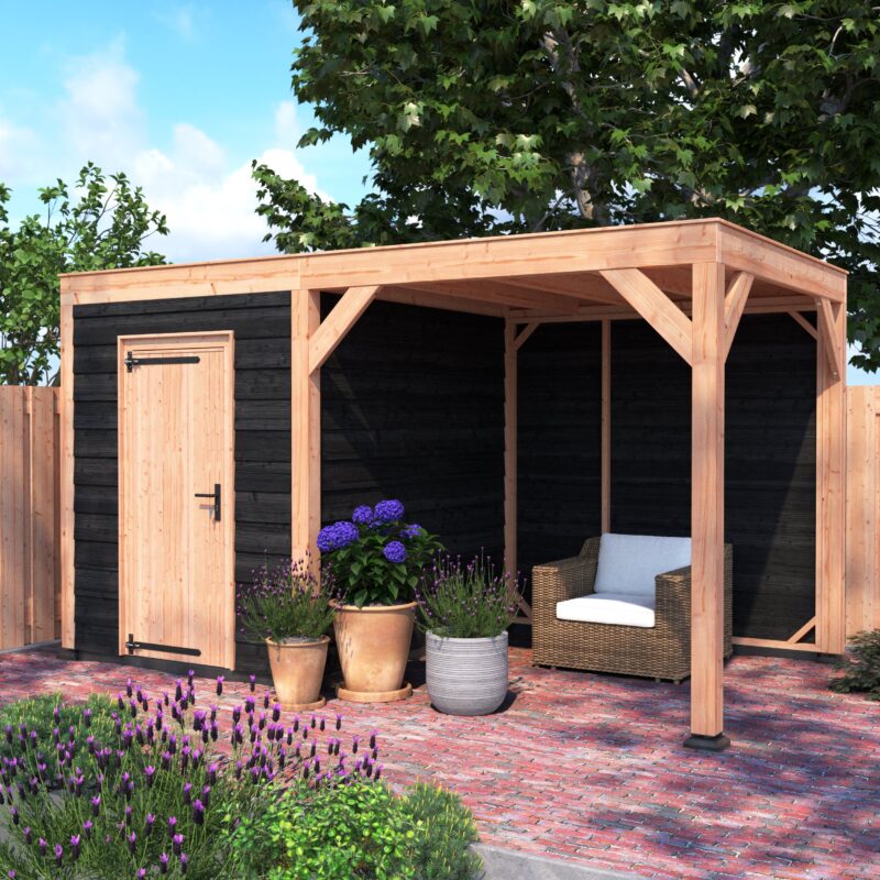 8711615181313-1060336-Outdoor Life Products-Douglas Tuinhuis Z-ZR-450x250_001 Tuinhuis met overkapping douglas 244,8 x 445,4 x 254,9 cm Zweeds rabat zwart
