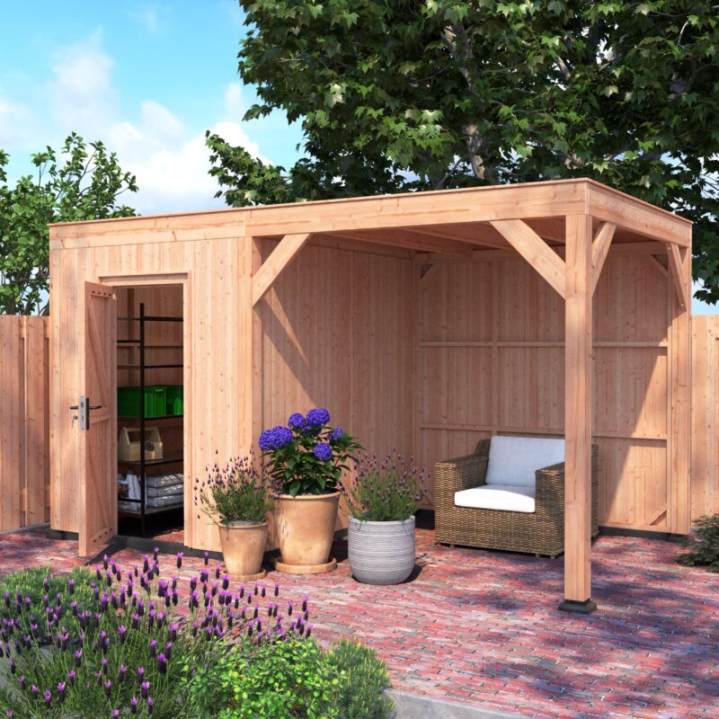 Tuinhuis met overkapping douglas 244,8 x 445,4 x 254,9 cm halfhouts rabat onbehandeld