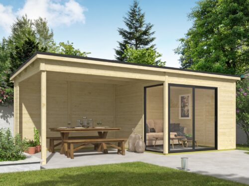 Blokhut met overkapping Julia 295x295 onbehandeld vuren