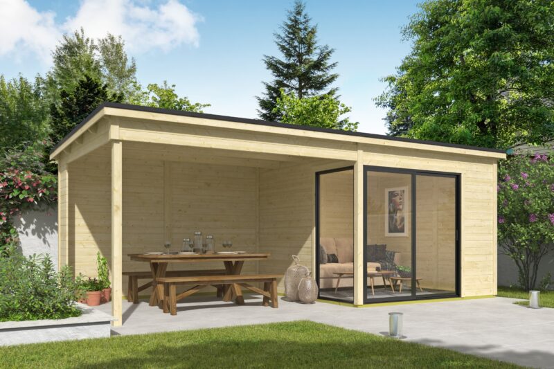 Blokhut met overkapping Julia 295x295 onbehandeld vuren