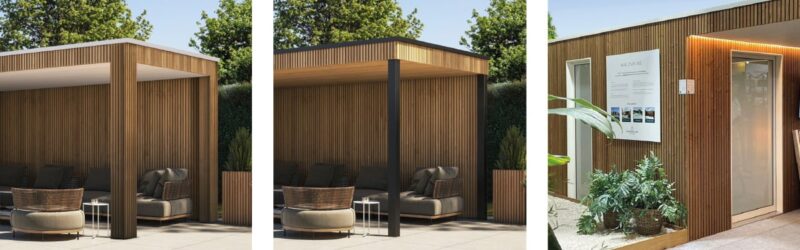Box thermowood details Strak tuinhuis Box-Thermo Wood in diverse standaard maten