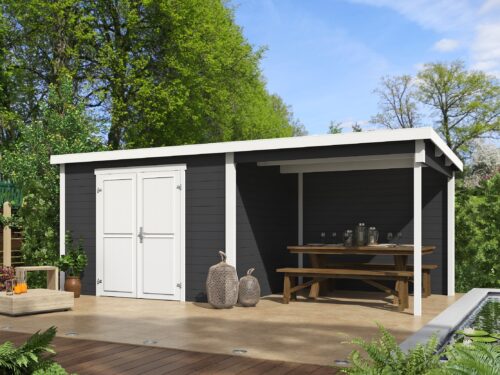 Blokhut met overkapping Kjeld 550x250 Carbon Grey-Wit