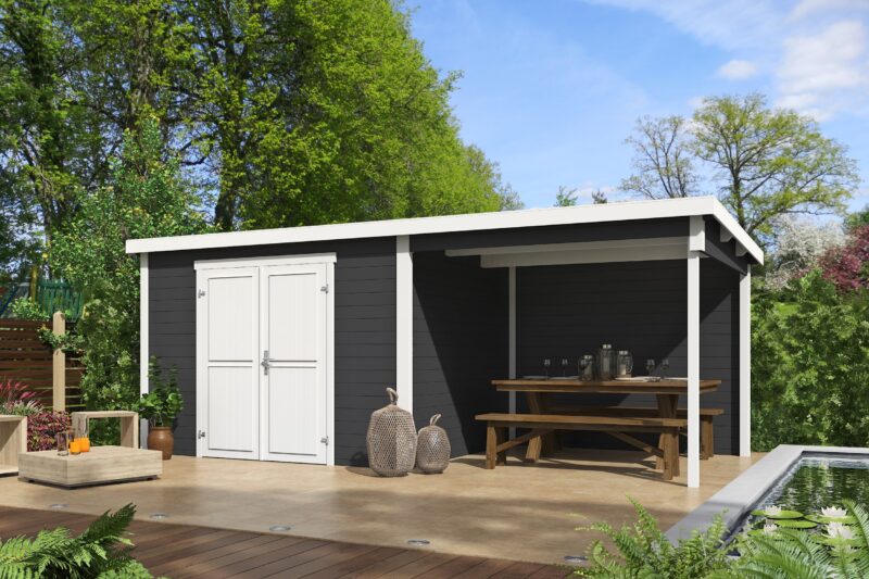 Blokhut met overkapping Kjeld 550x250 Carbon Grey-Wit