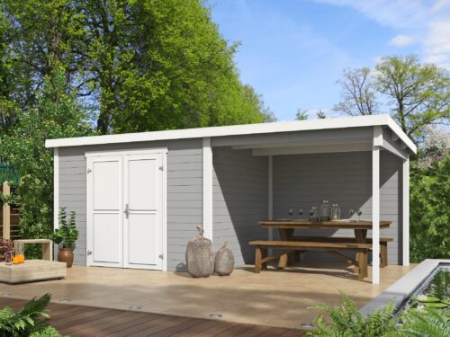 Blokhut met overkapping Kjeld 550x250 Platinum Grey-Wit