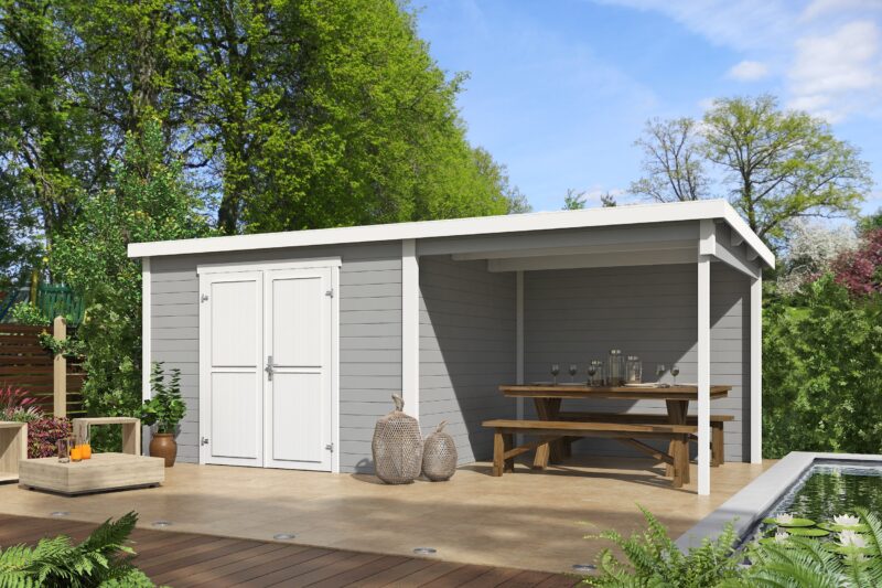 Blokhut met overkapping Kjeld 550x250 Platinum Grey-Wit