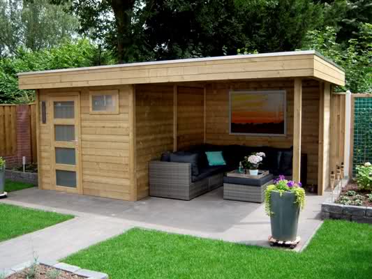 Modern tuinhuis met plat dak en overkapping tapuit 3 Vuren Topvision Tapuit, 300 x 300 en luifel 300 cm, onbehandeld.
