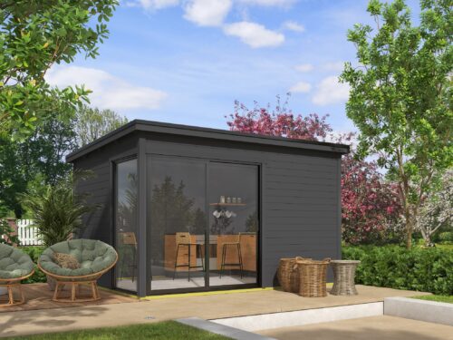 Blokhut met overkapping Olivia 385x295 + Aanbouw Carbon Grey