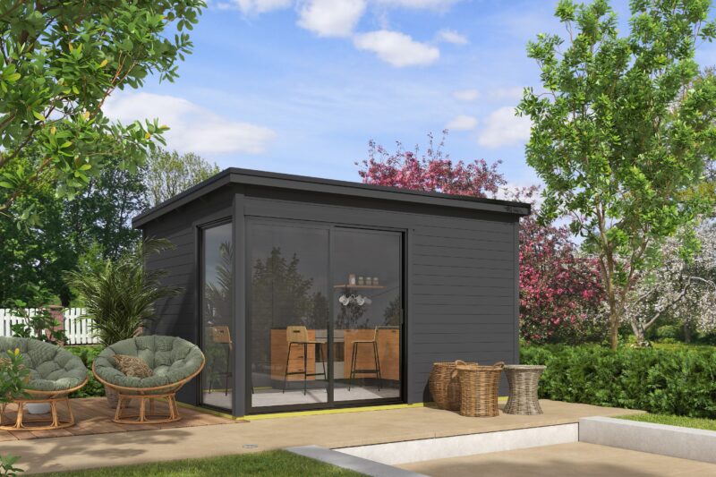 Blokhut met overkapping Olivia 385x295 + Aanbouw Carbon Grey