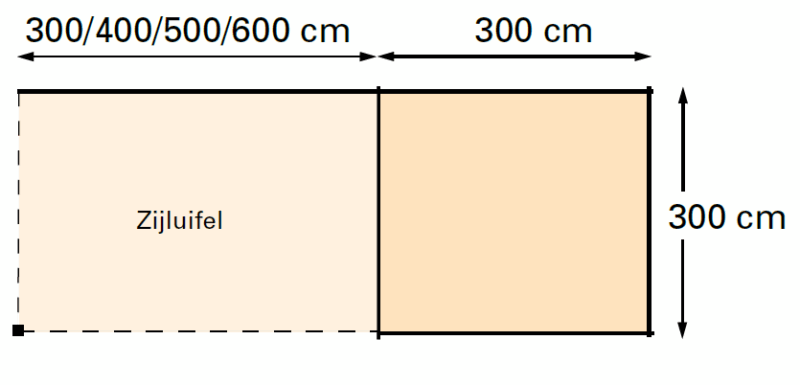 Tapuit grondplan Vuren Topvision Tapuit, 300 x 300 en luifel 300 cm, onbehandeld.
