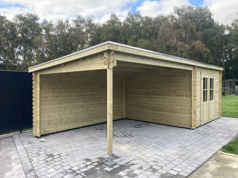 Blokhut met overkapping St. Louis 681x292 Geïmpregneerd olijfgroen