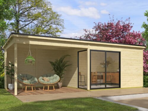Blokhut met overkapping Olivia 385x295 + Aanbouw onbehandeld vuren