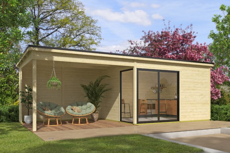 Blokhut met overkapping Olivia 385x295 + Aanbouw onbehandeld vuren