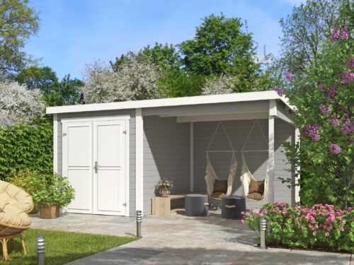 Blokhut met overkapping Finn 450x250 Platinum Grey-Wit