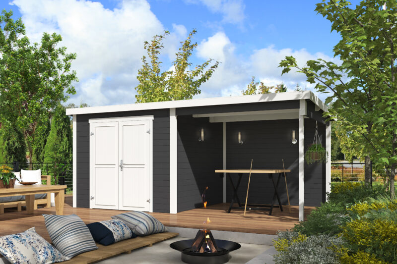 Blokhut met overkapping Lars 500x250 Carbon Grey-Wit