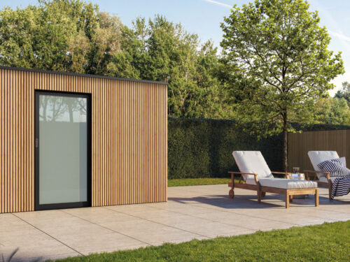 Strak tuinhuis Box-Thermo Wood in diverse standaard maten