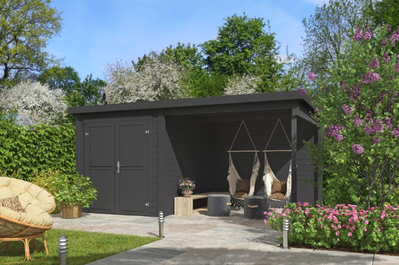 Blokhut met overkapping Finn 450x250 Carbon Grey