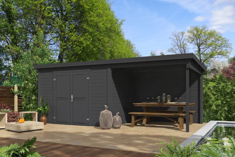 Blokhut met overkapping Kjeld 550x250 Carbon Grey