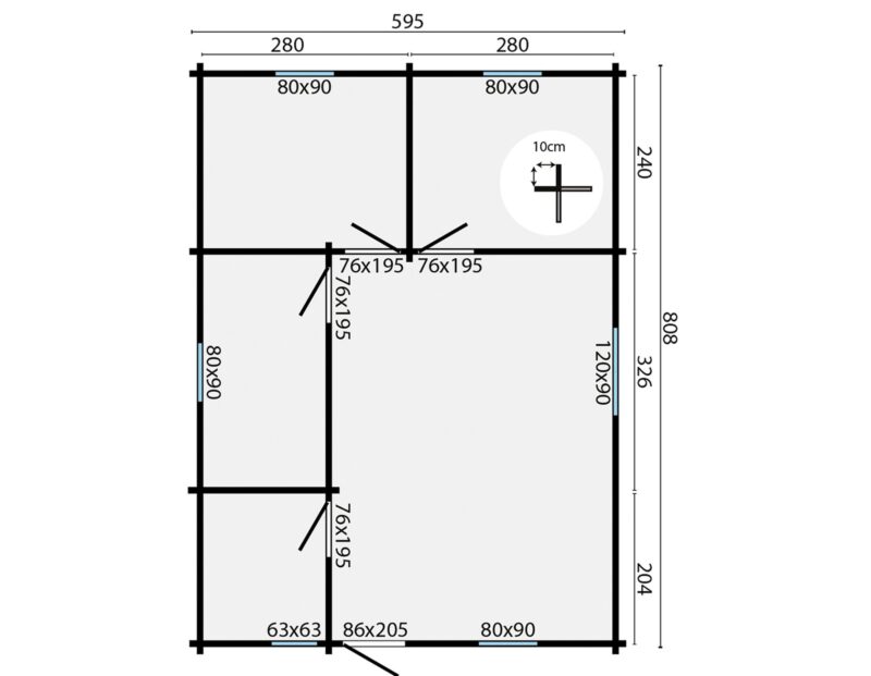 Goedkooptuinhuis Malaga grondplan Blokhut - Tuinhuis Malaga | 44 mm | onbehandeld