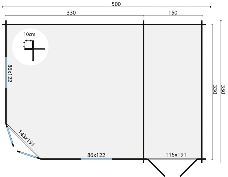 goedkooptuinhuis Helge grondplan Blokhut - Tuinhuis Helge | 44 mm | vuren onbehandeld