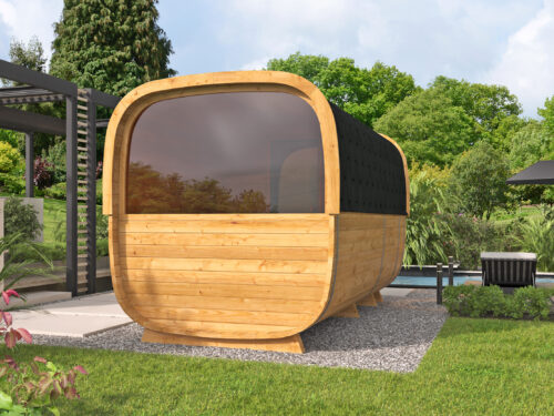 Sauna cube Rovaniemi 390 cm | 42 mm | Thermowood | met ½ panorama raam