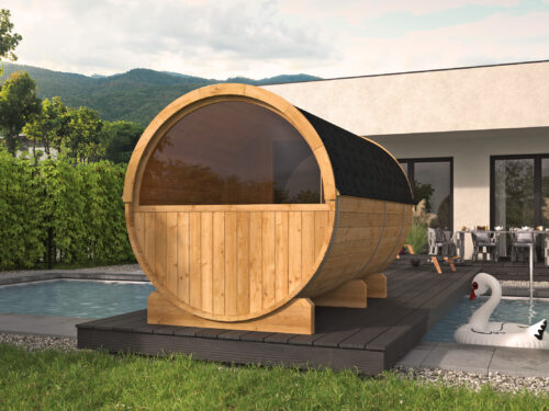 Saunabarrel | Ø205 x 350 cm | 42 mm | Thermowood | met ½ panorama raam