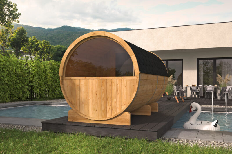 Saunabarrel | Ø205 x 350 cm | 42 mm | Thermowood | met ½ panorama raam